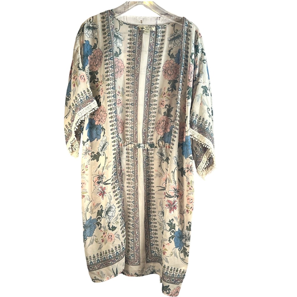Unity World Wear Kimono Cardigan XL Floral Boho Cottagecore Crochet Semi Sheer